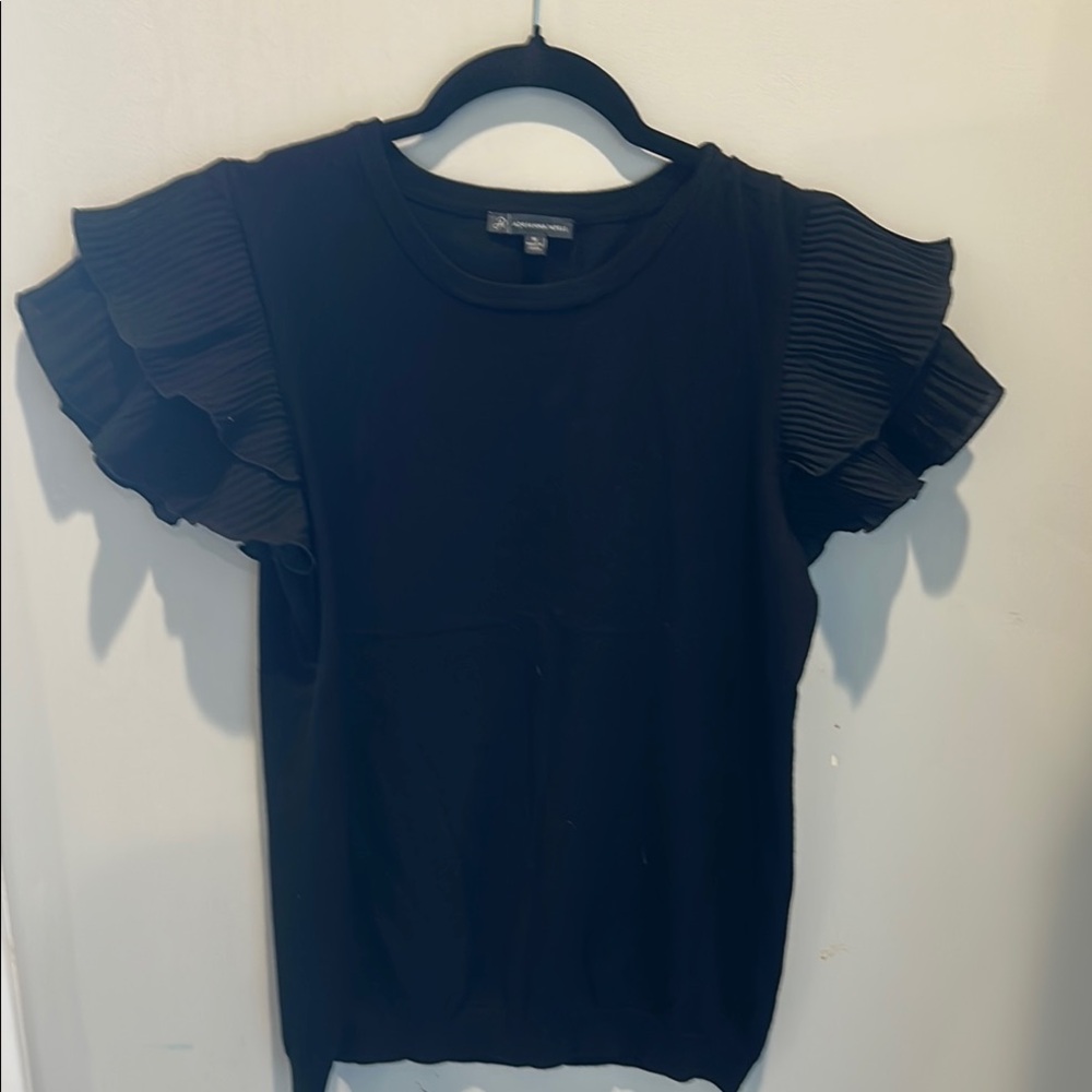Adrianna Papell Black Flutter Sleeve Ruffled Sweater Blouse